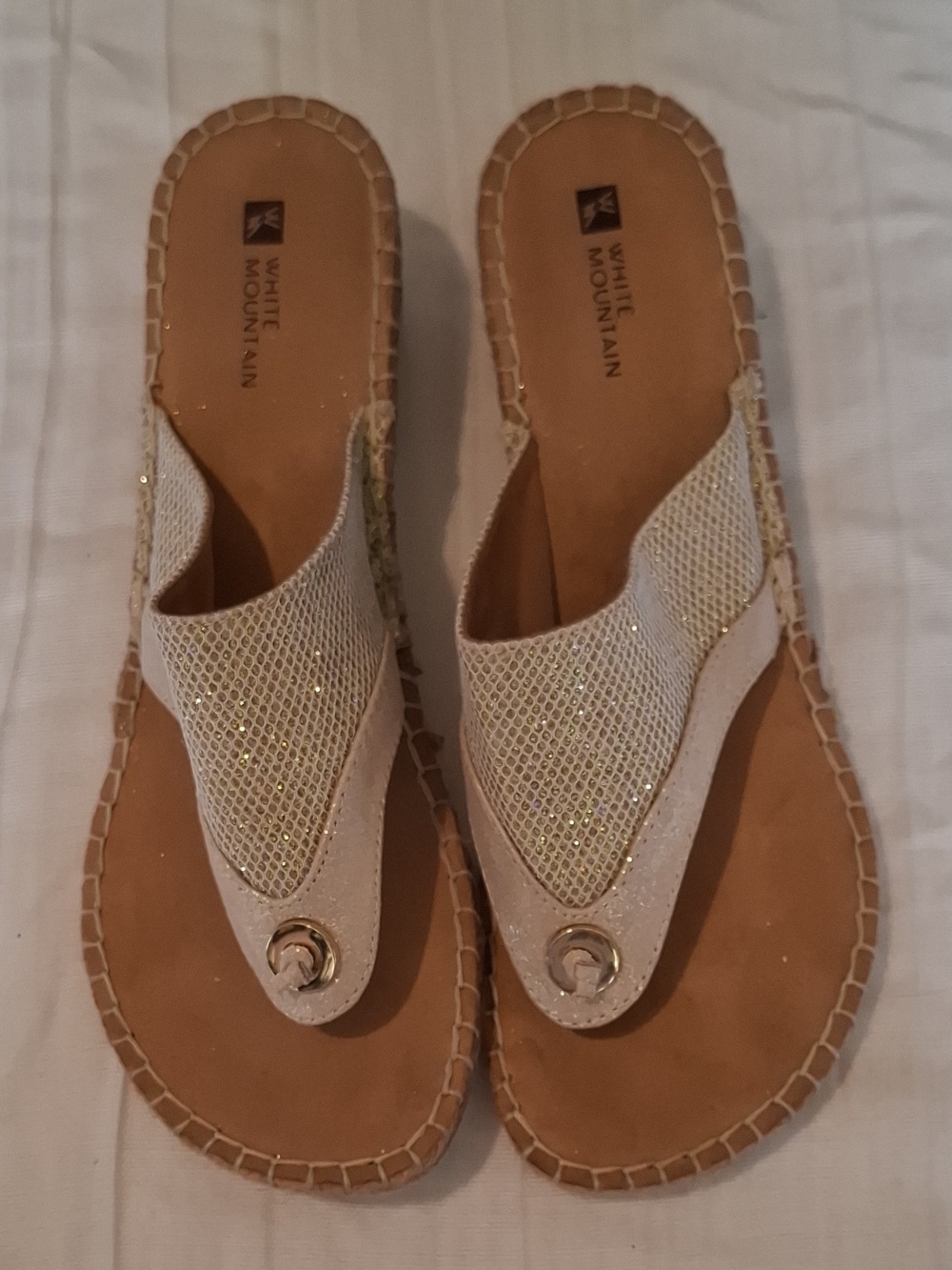White Mountain Cream Glitter Mesh Toe-Post Sandals